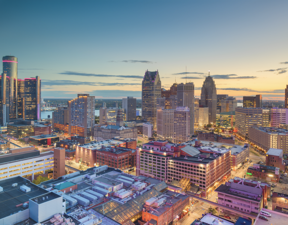 Aerial view of Downtown Detroit during the NFL Draft